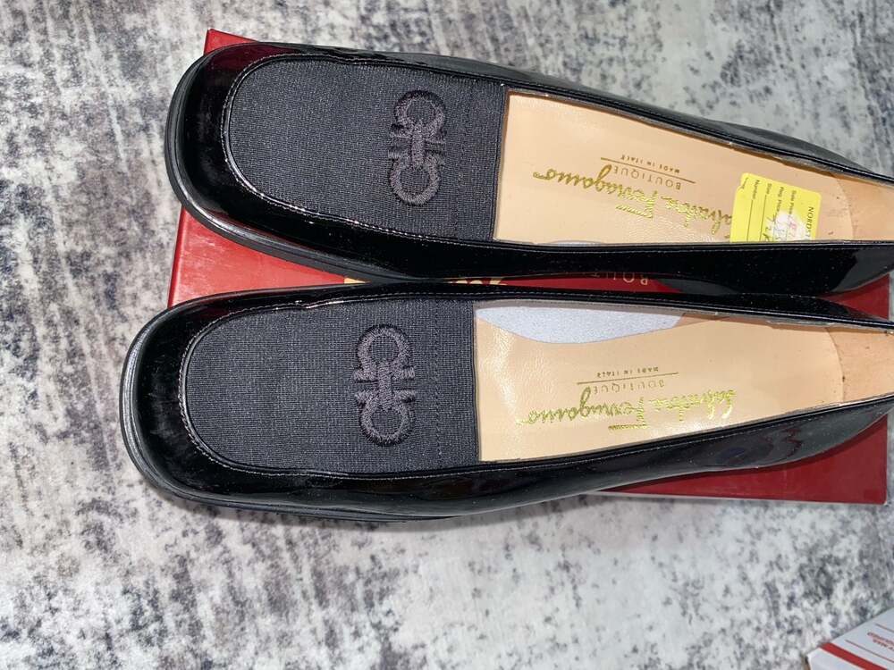 Salvatore Ferragamo Seila Black Patent Leather Wedge Loafers Size 7AA